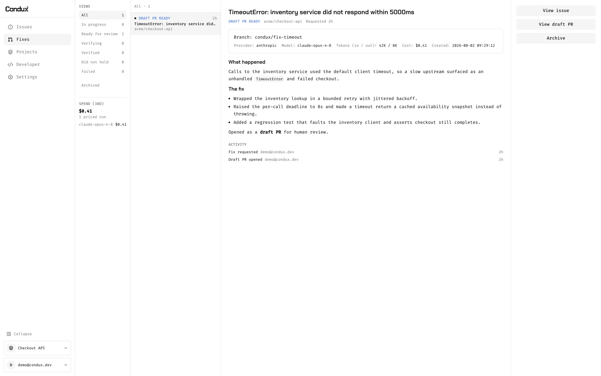 A Conductor fix run on an issue, showing its status, the model token usage and the draft pull request it opened
